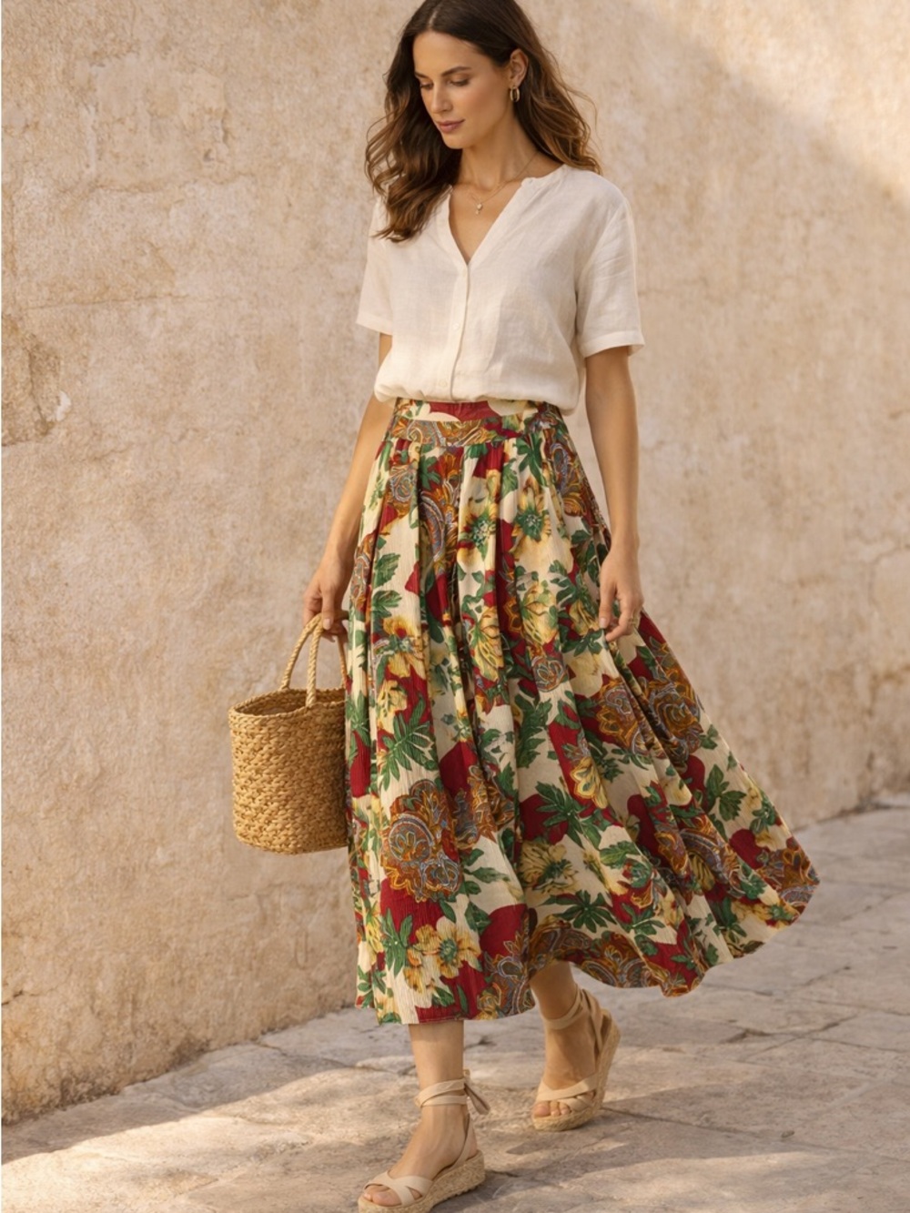 Geiger Austria Floral Midi Skirt Pleated Vintage Style Cotton EU 38